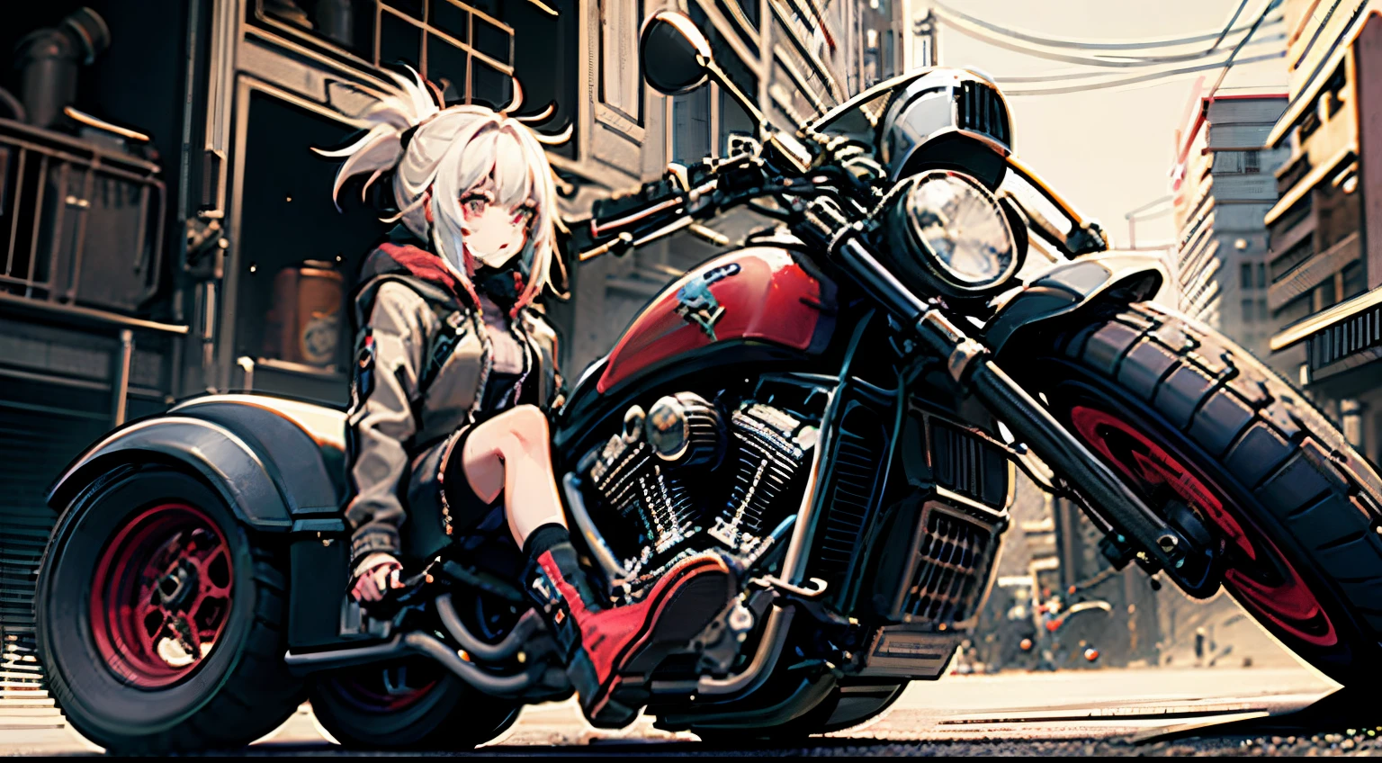 cyberpunked、girl with、mechanic、comical、Anime style、white hair、motor bikes、Rider Jacket、punk coloring、sity