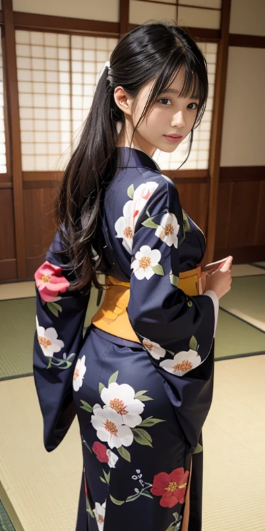 ass, the gyaru, (shiny oiled skin:1.2), wearing traditional patterned Japanese Kimono