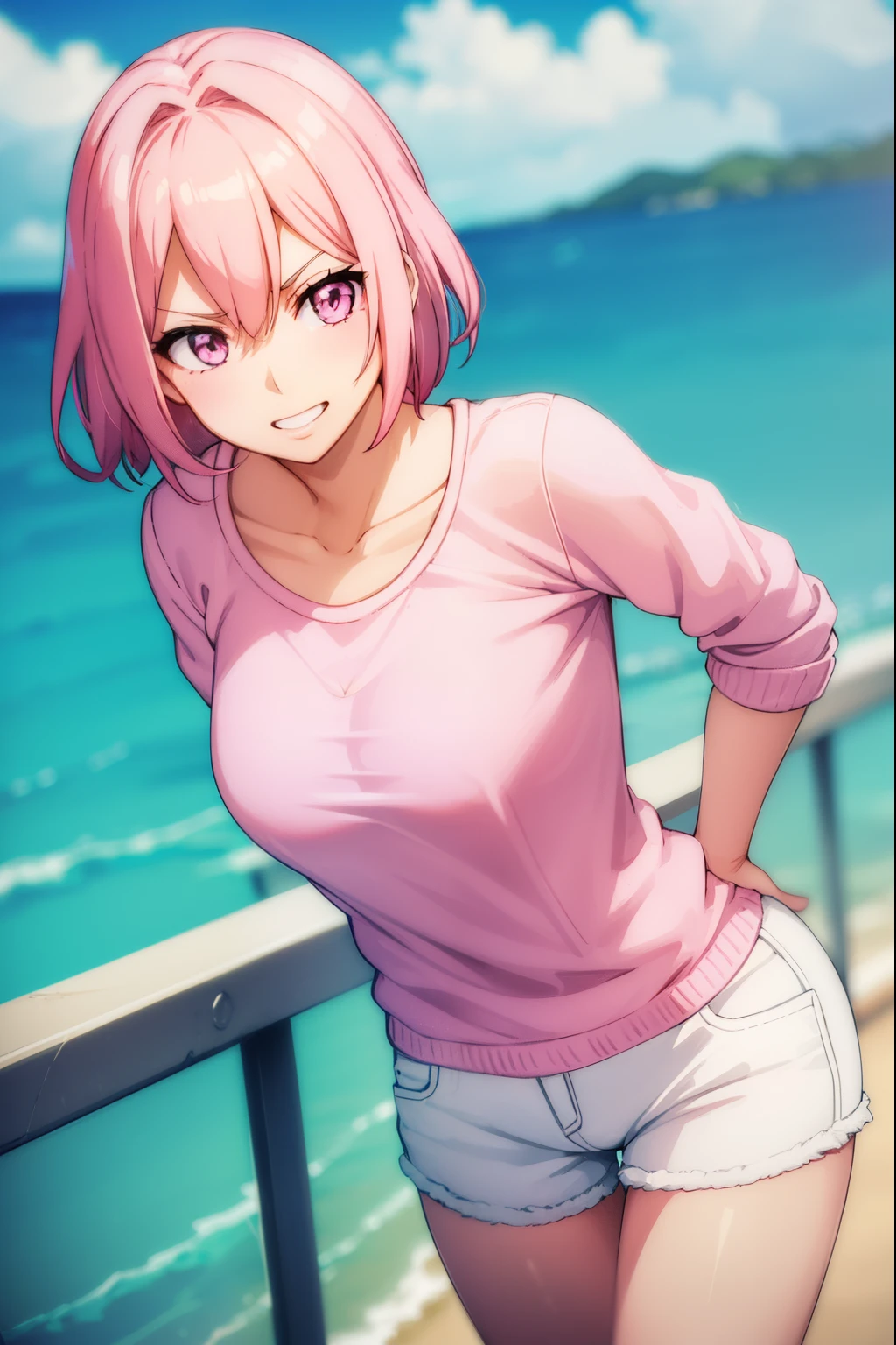 Cute girl, with sexy reddish-white skin,She is wearing a pink pullover, She wears short white, On an island, Women's white shorts, sexy body, Bright smile, Angry