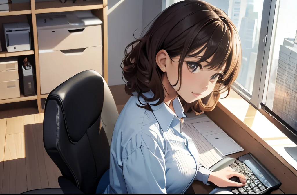 Office lady working on a computer at her office desk、1girl in,  Oblique view of the face,  brown curly hair