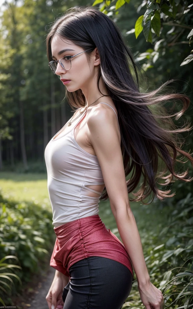 (8K, Masterpiece, RAW photo, Best quality, detail:1.3), (ultra realistic:1.4, scenary, 8K), Depth of field, Cinematic light, (ultra realistic face), (1 solo girl:1.7), (Beautiful and elegant Russian girl), ([tight miniskirt|tight leggings|tight skinny jeans|tight minidress|tight skinny minishorts]:1.4, [(vivid red)|white|pink|purple]:1.5), (skinny girl with glasses), (European face:1.3), (natural abs), (full body:1.5), ([tight minitop|tight jacket]:1.4), (small necklace, collarbone:1.1), ([long hair|short hair]:1.5), (ultra detailed skin:1.4), (soft mate fabric:1.3), ([frontal pose|side profile pose|back profile pose]:1.5), (face looking at viewer:1.5), (perfect hands:1.2), ([black hair|blonde hair]:1.4), ( Middle Part hair:1.5)