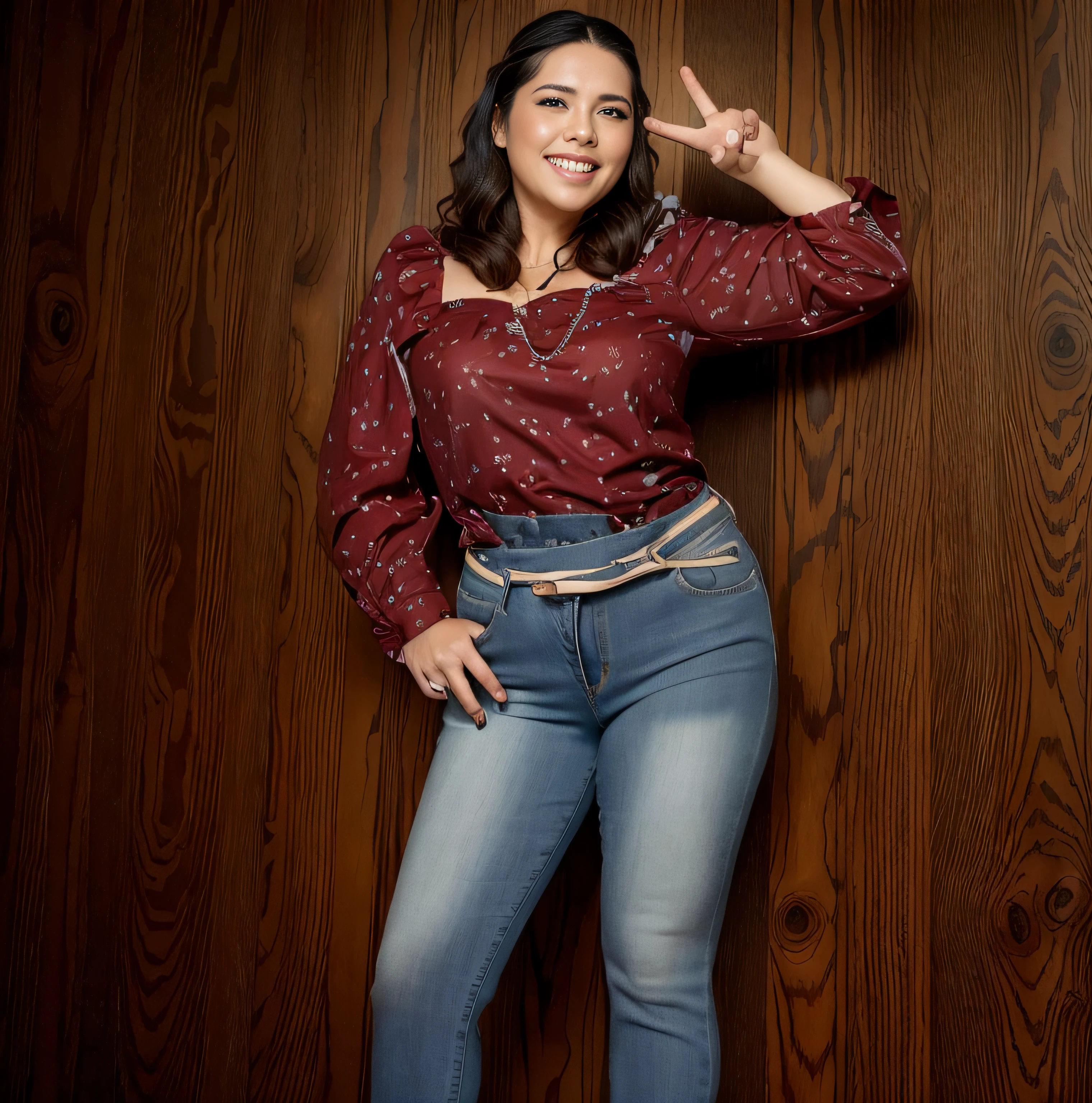 Araffe mujer con camisa rosa y jeans posando para una foto, postura frontal, Imagen de cuerpo entero, Camisa kawaii y jeans, by Nándor Katona, pose casual, alanis guillen, con una camisa y un jean, fernanda suarez, Parece Fabiula Nascimento, adriana dxim, Malika Favre, Andrea Rocha