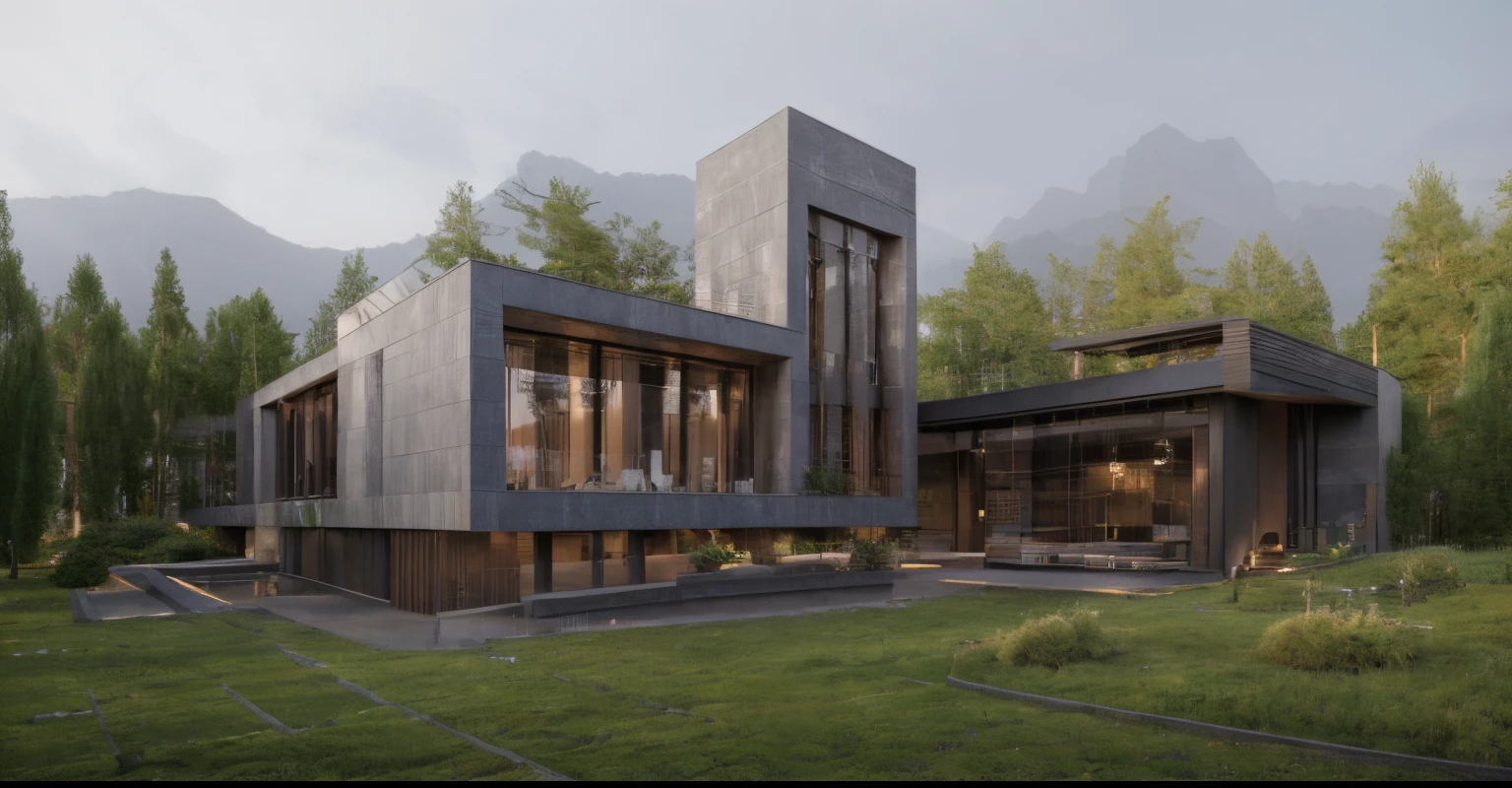MODERN HOUSE, 3DMAX RENDER CORONA, GREEN TREES AROUND, WARM COLORS