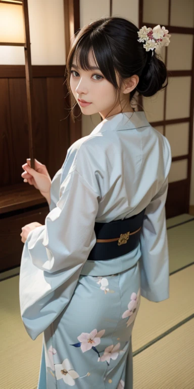 (masutepiece, Best Quality:1.4), Beautiful face, 8K, 85 mm, absurderes, ((full length body shot:1.3))、((Taken from behind looking straight ahead:1.4))、((traditional Japanese room、With futon))、(Floral pattern long-sleeved kimono:1.4), violaceaess, gardeniass, Delicate girl, Solo, layered haircut style、Night, Looking at Viewer, Upper body, Film grain, chromatic abberation, Sharp Focus, face lights, Professional Lighting, Sophisticated, (Smile:0.4), (Simple background, Bokeh background:1.2), Detail Face