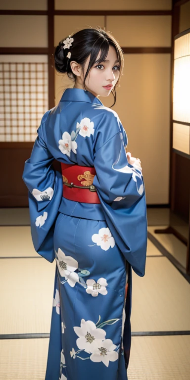(masutepiece, Best Quality:1.4), Beautiful face, 8K, 85 mm, absurderes, ((full length body shot:1.3))、((Taken from behind looking straight ahead:1.4))、((traditional Japanese room、With futon))、(Floral pattern long-sleeved kimono:1.4), violaceaess, gardeniass, Delicate girl, Solo, layered haircut style、Night, Looking at Viewer, Upper body, Film grain, chromatic abberation, Sharp Focus, face lights, Professional Lighting, Sophisticated, (Smile:0.4), (Simple background, Bokeh background:1.2), Detail Face