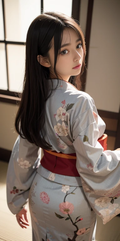 (masutepiece, Best Quality:1.4), Beautiful face, 8K, 85 mm, absurderes, ((full length body shot:1.3))、((Taken from behind looking straight ahead:1.4))、((traditional Japanese room、With futon))、(Floral pattern long-sleeved kimono:1.4), violaceaess, gardeniass, Delicate girl, Solo, layered haircut style、Night, Looking at Viewer, Upper body, Film grain, chromatic abberation, Sharp Focus, face lights, Professional Lighting, Sophisticated, (Smile:0.4), (Simple background, Bokeh background:1.2), Detail Face