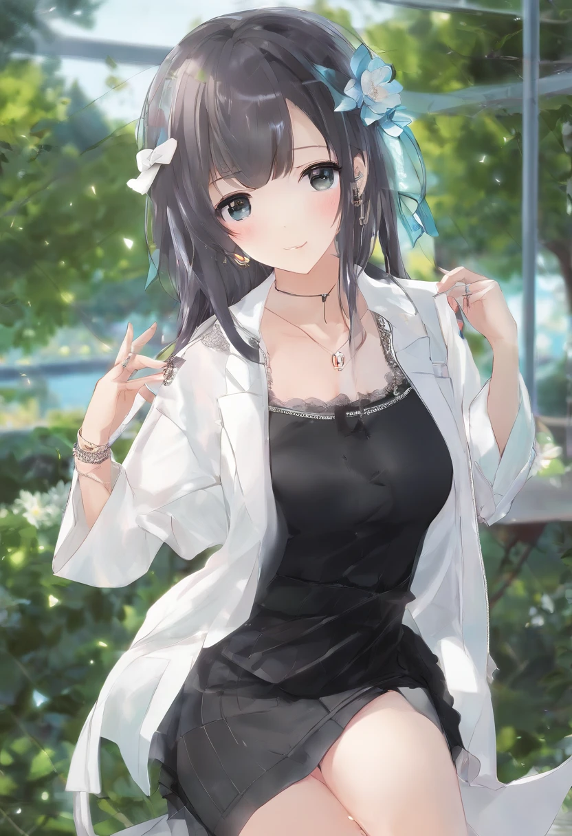 18 years old female, long whitr hair, RAW photogr, bokeh (hentail realism: 1.4, actual), High detail CG unified 8K wallpaper, 1个Giant Breast Girl, ((slim: 1)), (little breast: 1), back to the audience, ((View directly from the front)), (Head office skin: 1.4), 8k ultra high definition, Digital SLR, softlighting, high qulity, filmgrain, 富士XT3, ((校服, short skirt,sheer revealing dress:1.5)), ((external, at park))) Long beads, sportrait,((Short hair layered, black hire,smallunderboob:1.2)),(view the viewer:1.4),(Full body lesbian:1.8)