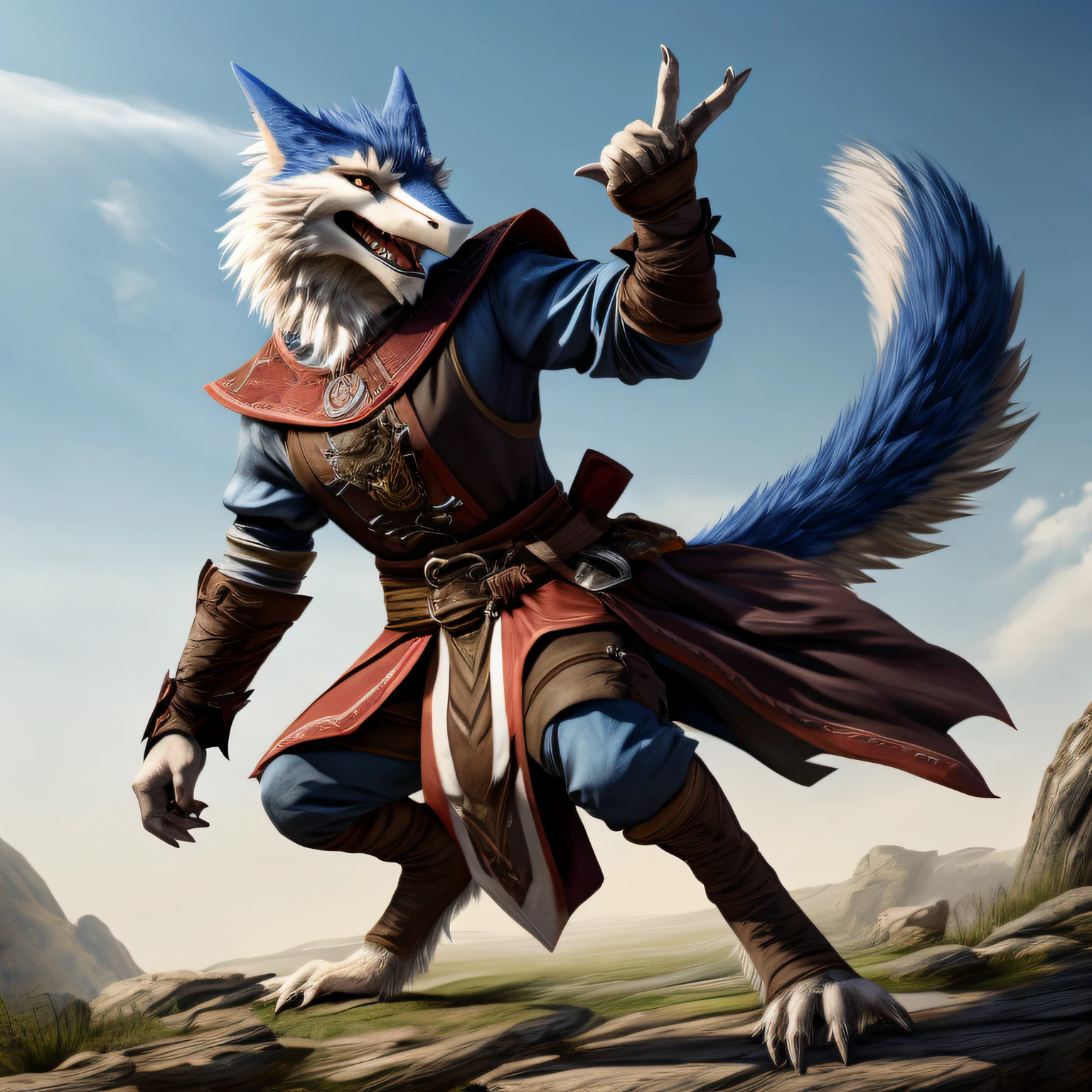 A male sergal character with long white and sky blue fur, full body image, wearing medieval aristocrat attire, menacing expression, combat pose