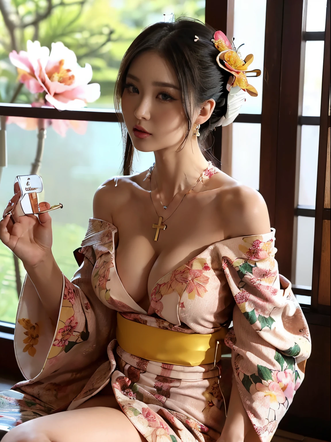 Photorealsitic、the perfect body、Ultra-high image quality、Ultra-high realistic image quality、japanes、(Off-shoulder short length floral print kimono:1.6)、(huge-breasted:1.1)、(cleavage of the breast:1.5)、Waist slender、(blondehair:1.3)、(blurry backround)、(grin)、(Gal-style thick shadow eyeliner:1.4)、(Long false eyelashes:1.2)、(Gal Style Makeup:1.2)、Gal style earrings、Gal style bracelet、(Gal Style Cross Charm Necklace、Triple Necklace:1.3)、in poolside、(Thigh up:1.3)、(sexy pose:1.3)
