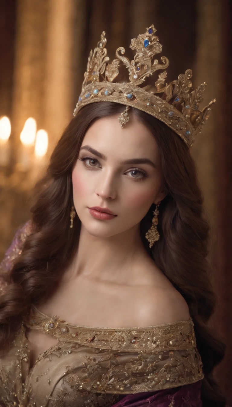 hiper-realismo, goth woman, 37 anos, morena, cabelos pretos, small queen's crown on her head, com (((vestido longo dourado))), rosto fechado, holding 7 red roses in your hands, com fundo escuro, com a luz da lua iluminando, foto de corpo todo, looking-into-camera, olhar intimidador, Hiper realista, ultrarrealismo, detalhes realistas.