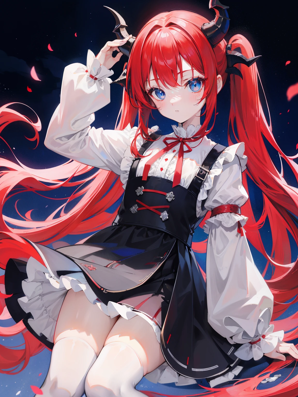 red hair,blue eyes,twintails, long hair, long sleeves, gothic, solo, loli,Short skirt, white stockings,{{best quality}}, {{masterpiece}}, {{ultra-detailed}}, {illustration}, {detailed light}, {an extremely delicate and beautiful},little girl,cute,dragon horns