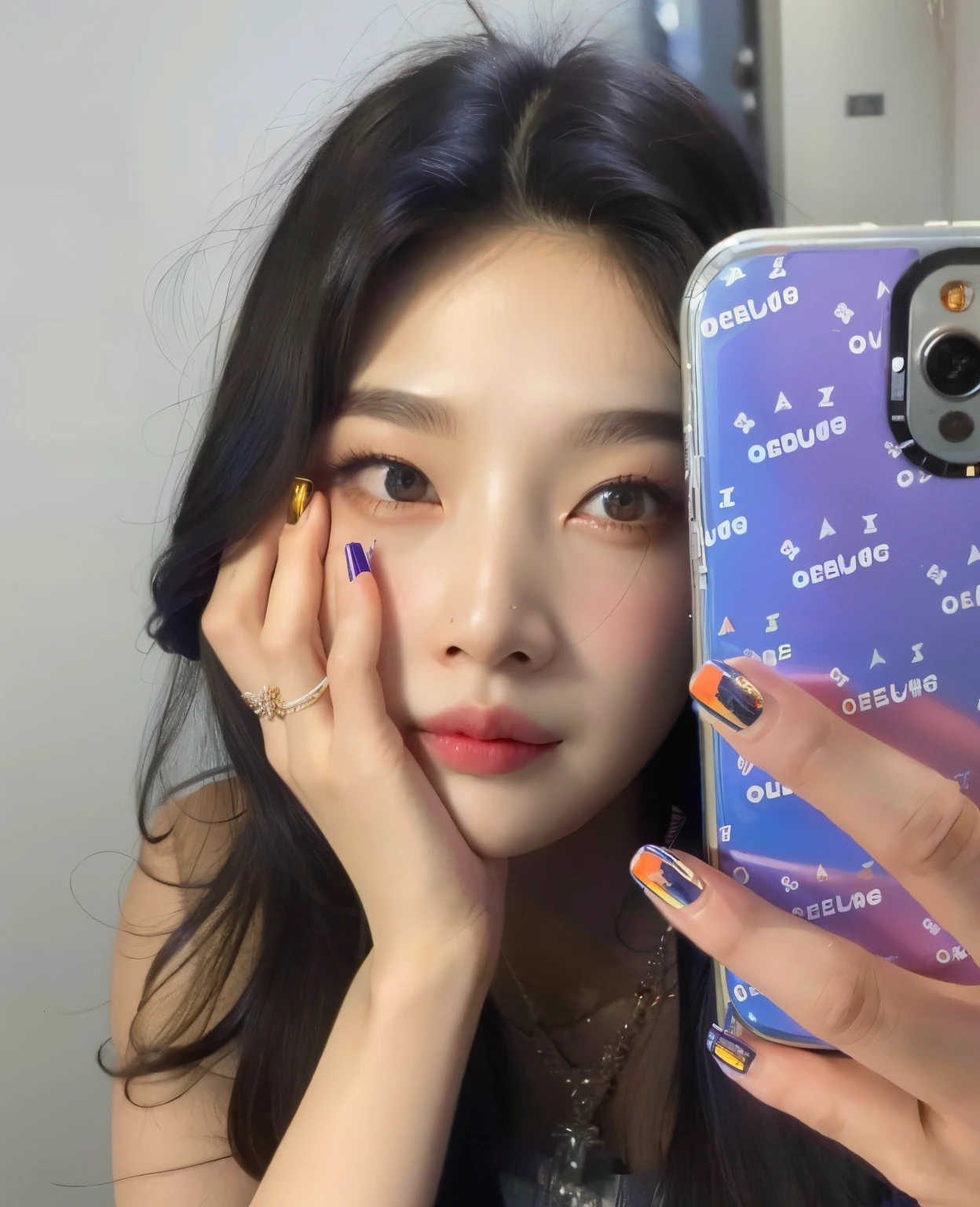 Arafed woman holding a cell phone with a purple and blue design.., Jinyoung Shin, Blackpink Jennie, ulzzang, maquillaje popular de Corea del Sur, Jaeyeon Nam, Wan adorable cara coreana, Bae Suzy, maquillaje coreano popular, Xision Wu, joy red velvet, 8k selfie photograph, she is holding a smartphone, SSAO 8 K