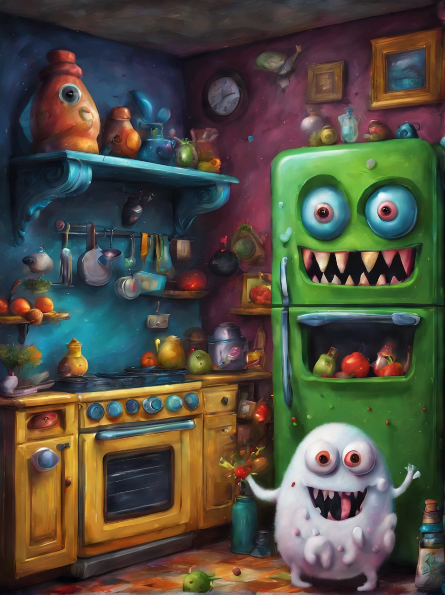 colorful refrigerator monster, Artistically rendered, styles:by Alexander Jansson, amazingly beautiful work, Landscape characters and elements fit perfectly within the image frame, Detailed realization, Definition High Quality, expressive faces, Sharp eyes,(Background with:ghost house kitchen),masterpiece,cute monster