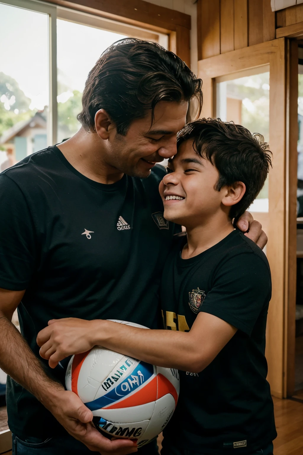 Gere uma imagem de alta qualidade, with advanced details and cinematic styling, retratando um pai e seu filho jogando bola com entusiasmo em um campo desprovido de gramado. Capture the emotional connection between them, ressaltando a alegria compartilhada durante esse momento especial. Destaque a textura do solo sem gramado, highlighting the determination and fun on the father's face and the admiration and excitement on the son's face. Use an artistic style that turns this ordinary scene into a cinematic snapshot, with engaging colors and a framing that conveys the unique energy of this family moment