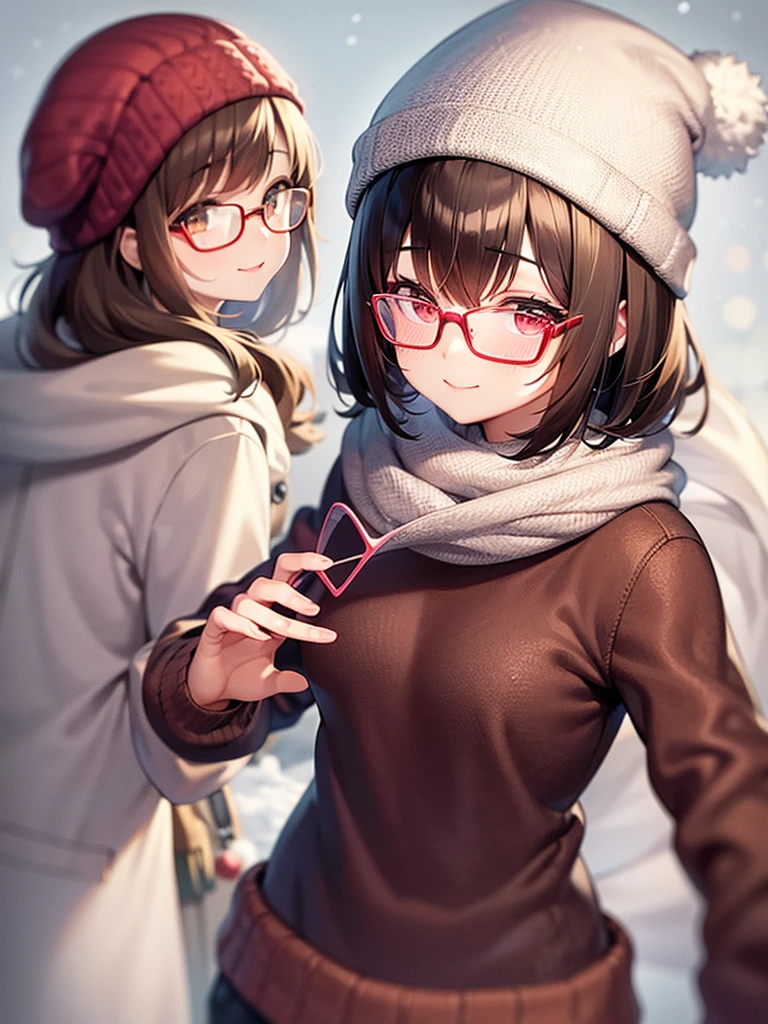 cute a one brown bob hair girl, glasses, head is pink knit hat, tops is red braided knit clorthes, looking back bewitching smile.season winter, snowing, snow town.