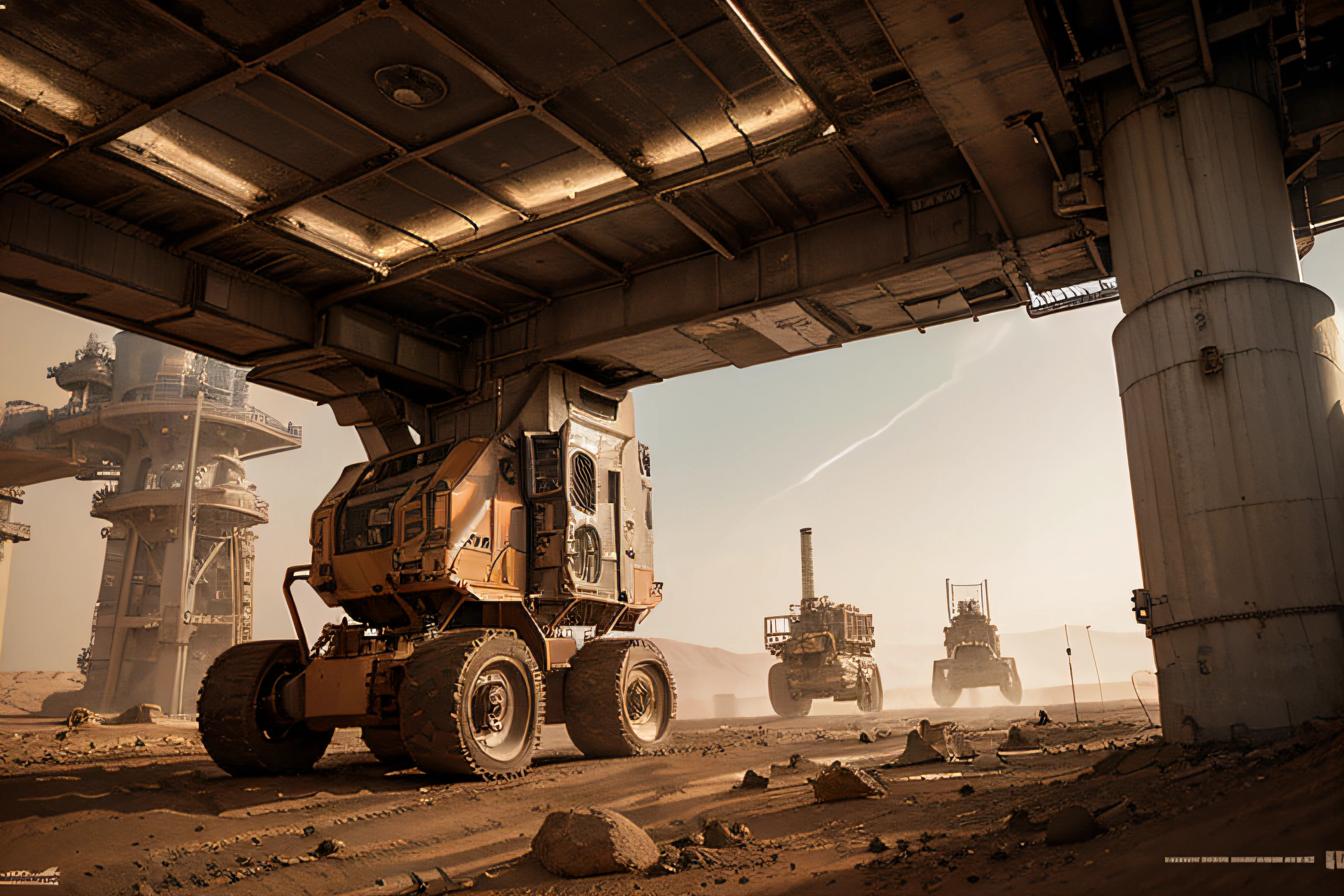 On Mars, machine maintenance equipment, bright picture, different machines, futuristic, photography master, factory machine details, super wide angle, high realism, light and dark