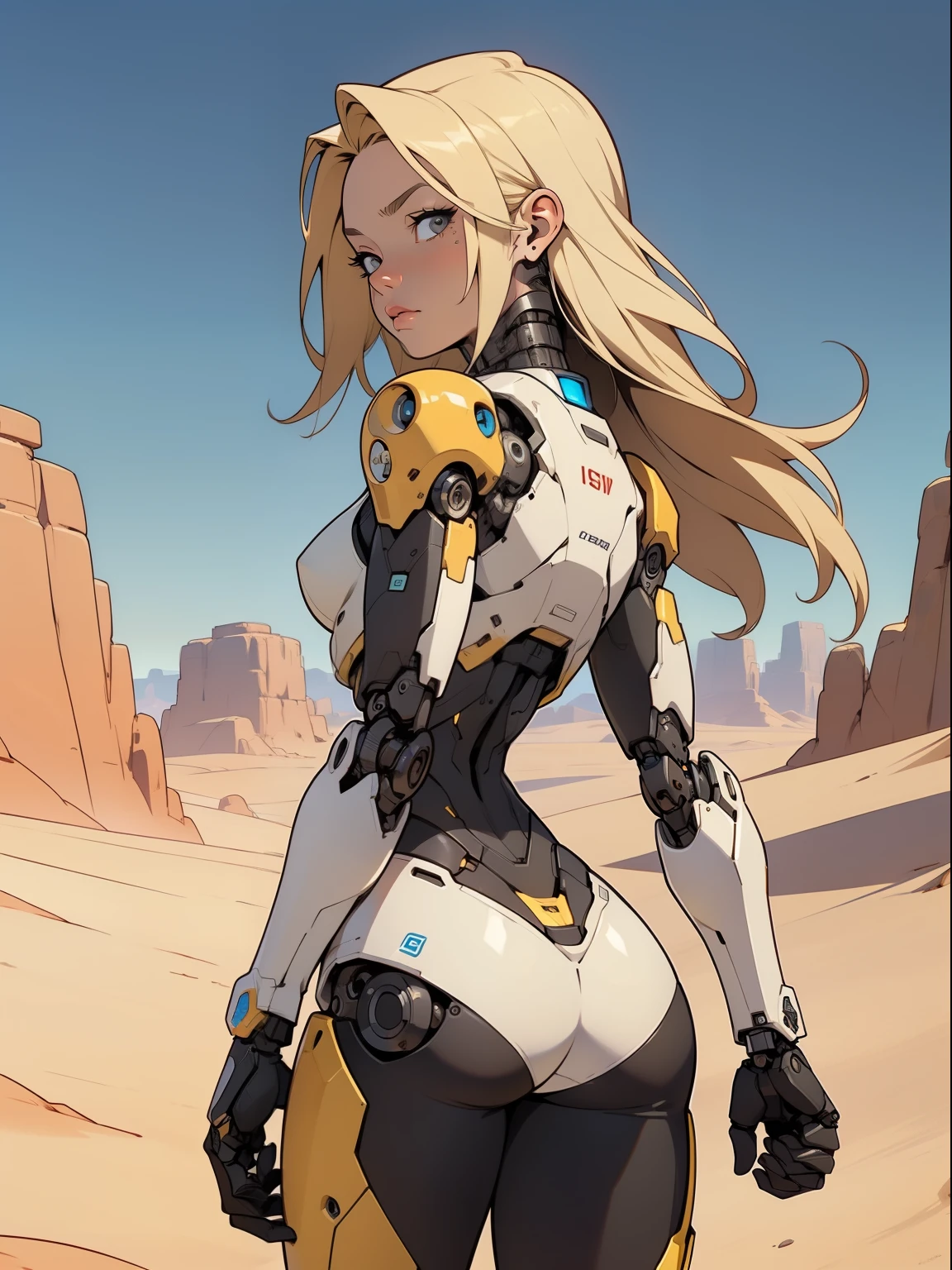 high quality, 4k, masterpiece, beautiful, cyborg girl, cowboy shot, dull eyes, back side, turning around to look at viewer, long blonde hair, girl, small breasts, fit thigh, robotic arms, robotic body, cyborg body, yellow accent, redaccent, intricate detail, joint, detailed lines, robotic detail, holding fist up, holding hand up as fist, color robotic parts, robotic parts with color, perfect fingers, on a desert planet, sunny background, colorful desert,
