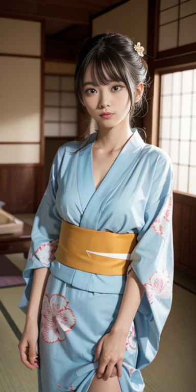highest quality、4K quality、Man sitting、Young woman sitting、Small face、18-year-old、slender、Open-chested kimono、Laughing with your mouth open（1.3）、Model-like exposed legs、Small breasts are visible、The man presses his hips against the woman and sprays her with bodily fluids.、A man tries to take off a woman&#39;s clothes