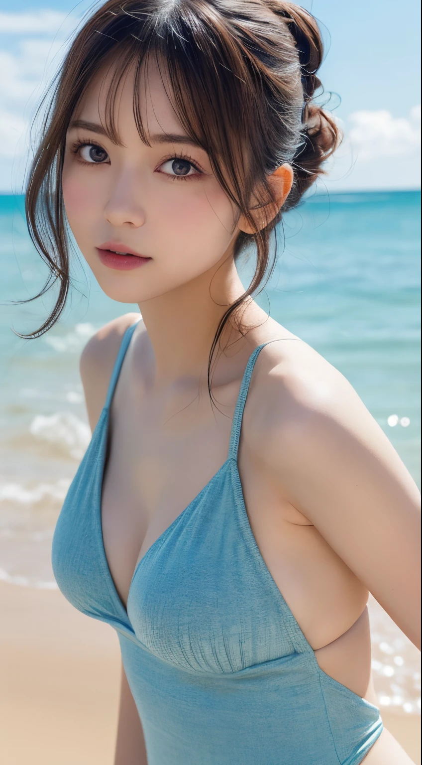 (in 8K、Raw photography、top-quality、​masterpiece)、(realisitic、Photorealsitic)、1girl in、A Japanese Lady、18year old、((Detailed swimwear))、(Highly detailed facial and skin texture:1.3)、Detailed lips、(skinny  body:1.3)、(thin arm:1.3)、(A detailed eye、Sareme)、(shinny skin)、((light brown hair))、(natural soft light:1.3)、((the morning sun))、(poneyTail、Long bangs)、(lake)、(strong breeze:1.3)、((Viewpoint from above))、((Smaller chest))、(Wet body:1.2)、(under the rain)、(Facing up:1.3)、