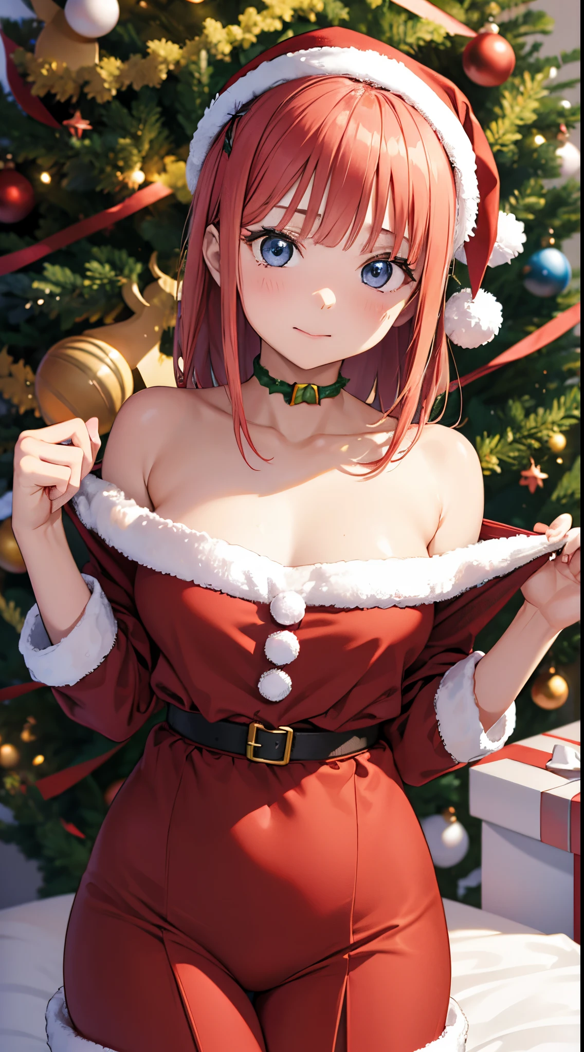 Nino Nakano sonriendo ,christmas erotic clothing,casa sentada bajo el pino de navidad regalos