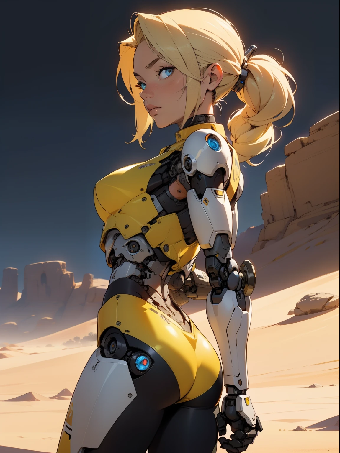 high quality, 4k, masterpiece, beautiful, cyborg girl, cowboy shot, dull eyes, back side, turning around to look at viewer, long blonde hair, girl, small breasts, fit thigh, robotic arms, robotic body, cyborg body, yellow accent, redaccent, intricate detail, joint, detailed lines, robotic detail, holding fist up, holding hand up as fist, color robotic parts, robotic parts with color, perfect fingers, on a desert planet, sunny background, colorful desert,