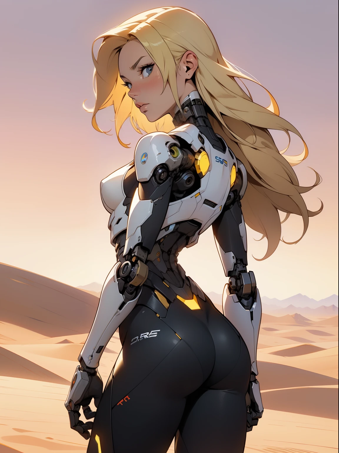 high quality, 4k, masterpiece, beautiful, cyborg girl, cowboy shot, dull eyes, back side, turning around to look at viewer, long blonde hair, girl, small breasts, fit thigh, robotic arms, robotic body, cyborg body, yellow accent, redaccent, intricate detail, joint, detailed lines, robotic detail, holding fist up, holding hand up as fist, color robotic parts, robotic parts with color, perfect fingers, on a desert planet, sunny background, colorful desert,