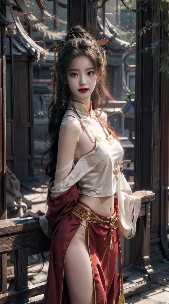 (tmasterpiece), (hoang lap), cow boy shot, Glossy glossy skin, girl, Alone, students shine, long eyelasher, Keep your mouth shut, light  smile, long whitr hair, Striped hair, curlies, Chinese belly pocket,(Red plush cloak:1.2)，view the viewer, self-shot, (yuki，natta，The ancient temple is brilliantly lit:1.3), 电影灯光，(Ultra-realistic textile textures)，