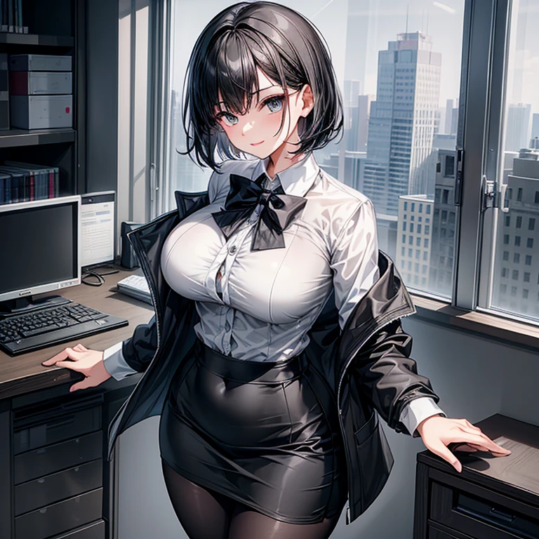 1lady standing, office worker, receptionist, (vest with white and gray checks:1.2) (navy pencil skirt) bowtie, mature female, /(black hair/) bangs, blush kind smile, (masterpiece best quality:1.2) delicate illustration ultra-detailed, large breasts BREAK (modern office indoors), window cityscape, detailed background