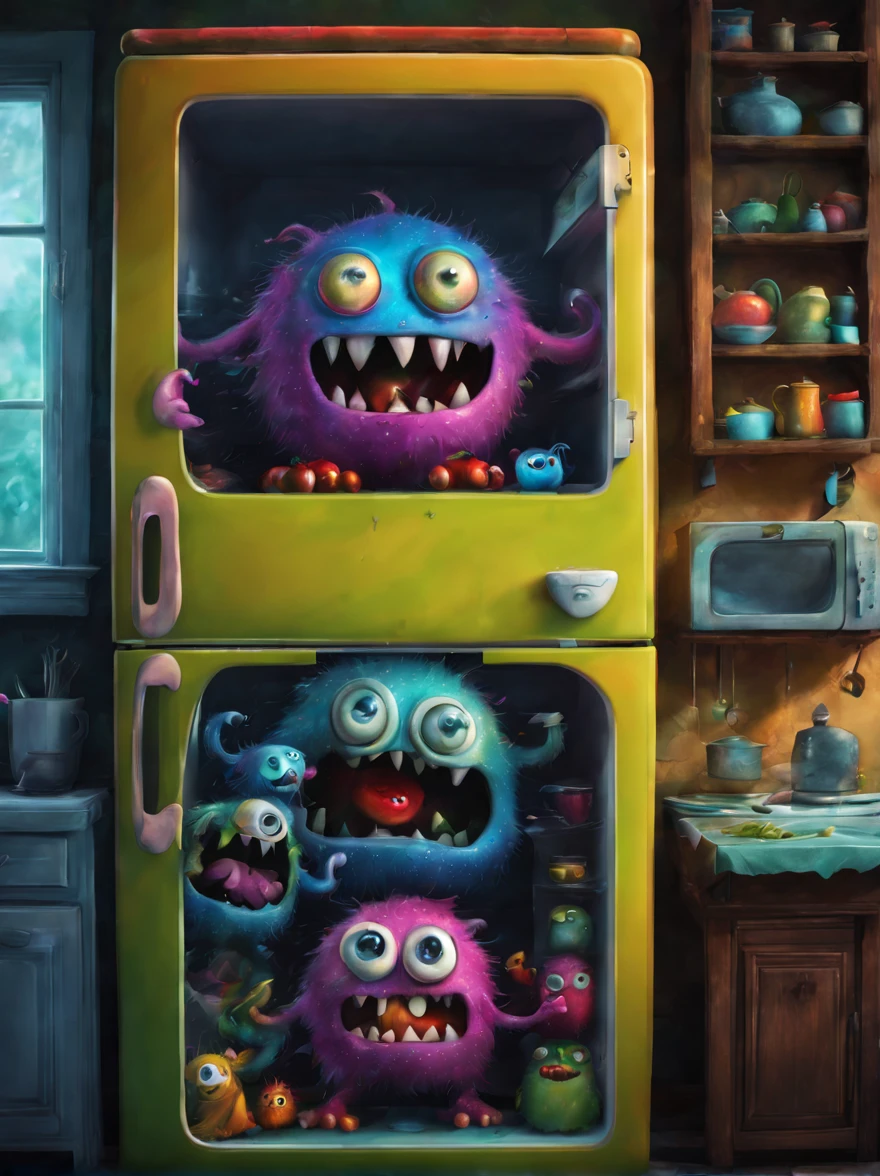 colorful refrigerator monster, Artistically rendered, styles:by Alexander Jansson, amazingly beautiful work, Landscape characters and elements fit perfectly within the image frame, Detailed realization, Definition High Quality, expressive faces, Sharp eyes,(Background with:ghost house kitchen),masterpiece,cute monster
