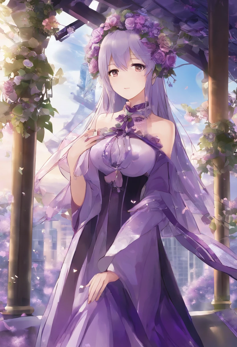 {{{{masterpiece}}}}, {{{super detailed}}}, {{{High resolution}}}, {{excellent anatomy}}, (((highest quality))), ((very delicate and beautiful)), {{very detailed and delicate}}, {8k cg wallpaper},((detailed background))One female、best style、beautiful woman、The most beautiful woman in the world、Purple flowers are blooming on the purple lake surface, soft purple glow, Purple light, (purple wisteria forest), wisteria season, art, shining purple, Purple petals are dancing everywhere、 The blossoming path to heaven, purple glow、Purple water、purple reflective water surface、purple light、(((Sheer skin dress:1.5))),((big breasts))、show through、waterside and wisteria、Transparent dress with detailed design、Beautifully designed transparent dress、Sheer skin、nipple