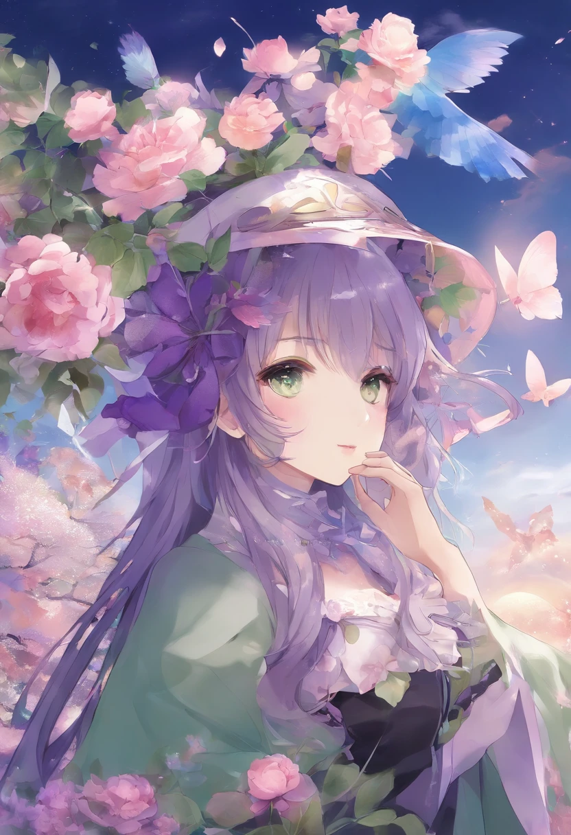 A beautyful girl, s the perfect face, Put your arms by your sides, tmasterpiece, 超高分辨率, high qulity, 4K, The upper part of the body:1.5, lissa (genshin impact), Purple witch hat, green-eyed, Brown hair, (Pure love face_v1:0.008), (European:1.6), By bangs, a skirt, rosette, jewely, hag, Capulet, Purple headwear, Black gloves, Purple flowers, hair between eye, purple roses, Open your lips, Purple shawl, hatflower, multicolored dress, hair adornments, windmills, From the side Side,