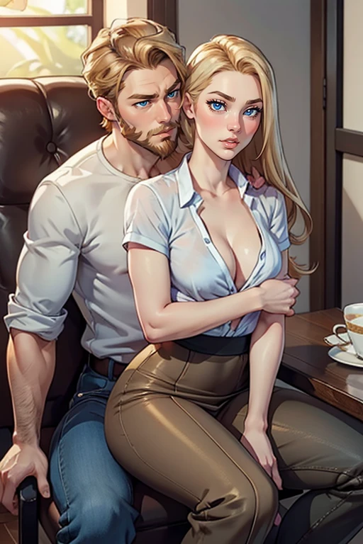 Male and female couples　female with brown hair and blue eyes sitting on a chair wearing a tight skirt and no shirt。male with blonde hair a beard hugging from behind。male in long pants and no shirt。provocative gaze、The girl has a shy face