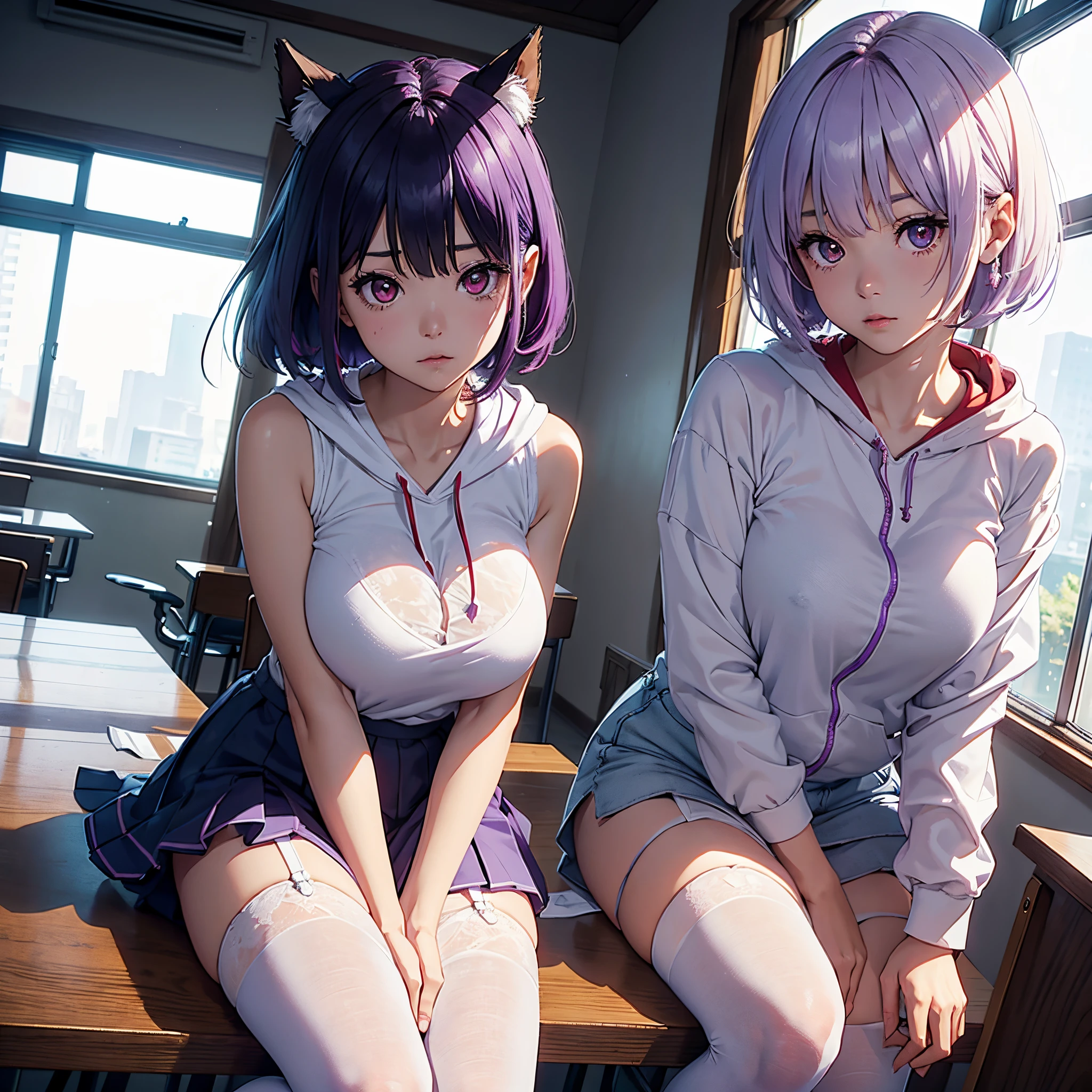 (cute eyes:1.3), (sparkling eyes:1.3), (8K、Best image quality、highest quality、masterpiece)、Detailed face (2 girls)、Improve、(white hair, pink eyes, short hair, straight hair, nekomimi), (open mouth), (embarrassed), (skinny body:1.3),(huge breasts), (strapless, beige off shoulder white sweater:1.2), (cleavage), (side slit, pencil black skirt:1.2),Sit on a chair, Classroom Background, (black stockings:1.1), (Thighs:1.1), (Waistline:1.1),(close-up shot of bust), (from above:1.2)