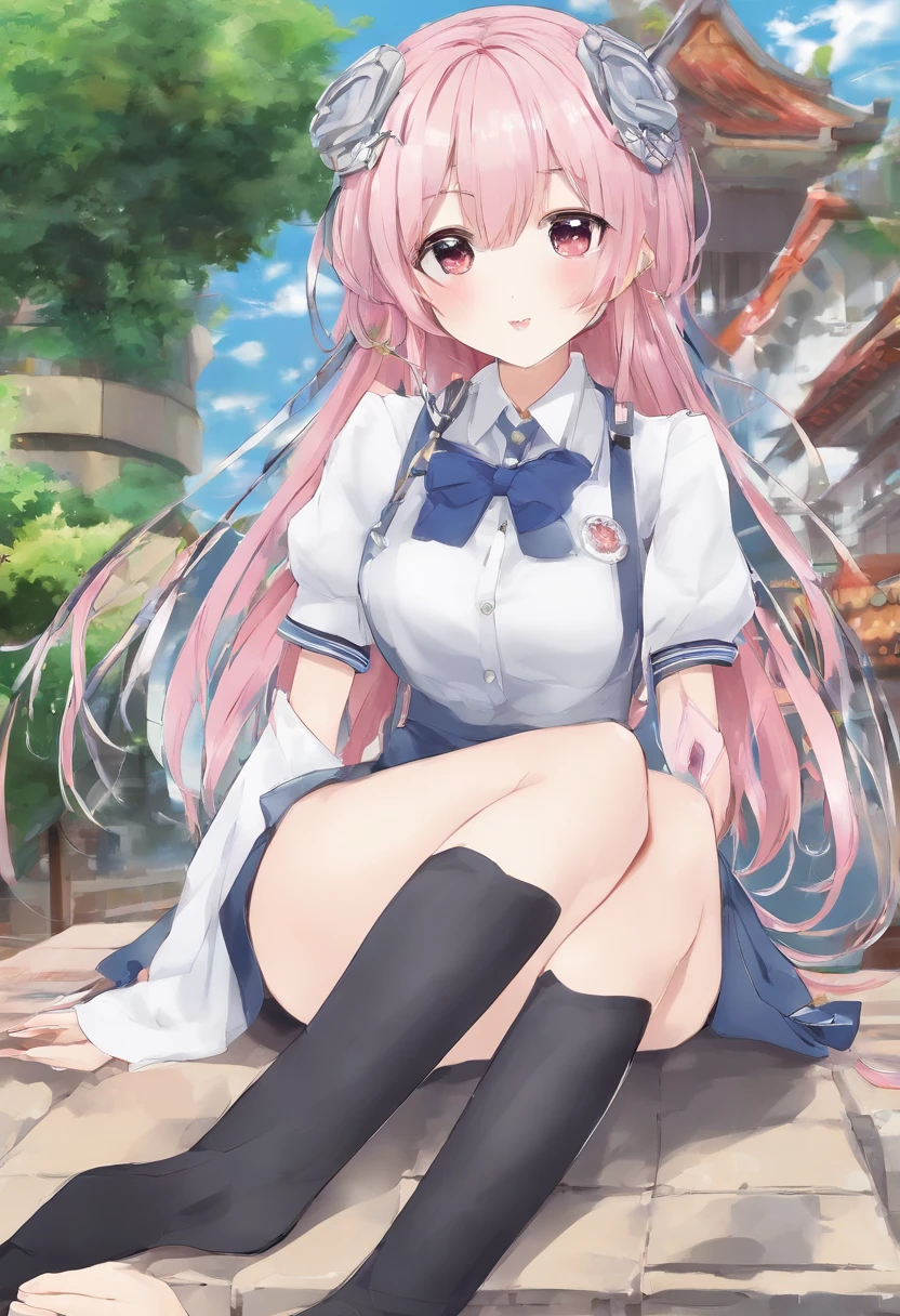 1girl, Squatting pose, squatting, PP, paw pose, dog ears, sailor outfit, collar, grin, blush, white stockings, looking away