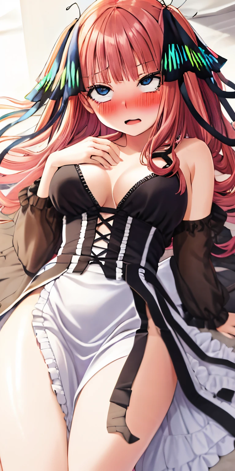 1girl, solo, nakano nino, pink hair, butterfly hair ornament, (naked:1.3), (white apron), large breasts, cleavage, thighs, cafe background, (blushing:1.3)