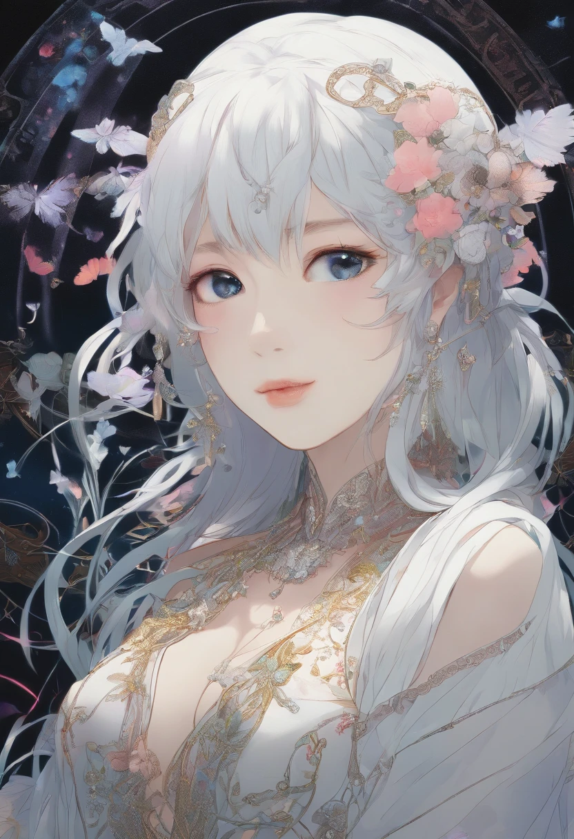 (Front focus), (in the darkness nigth:1.6), Surrealistic Female Portraits by David Hockney and Alphonse Mucha, Fantasyart, photograph realistic, 动态照明, art  stations, poster for, Volumetriclighting, Very detailed faces, 4k, Award-Awarded, 1个Giant Breast Girl, in the darkness nigth, deep shading, low tune, cow boy shot, (official outfit:1.4), long whitr hair, White hair