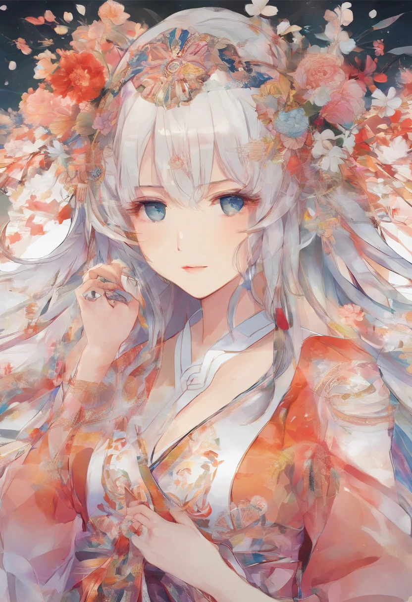 tmasterpiece, Best quality at best, {Best quality at best}, {{tmasterpiece}}, {A high resolution}, focal point, style of anime, Cartoon close-up of a woman, Girl design, sportrait, Gisha, anime image, long whitr hair, brunette color hair, Looking directly at, Hair covers the ears, Polished and powerful look, exotic, tall, freckle, cheerfulness, Romantic outfits, Colorful, colours