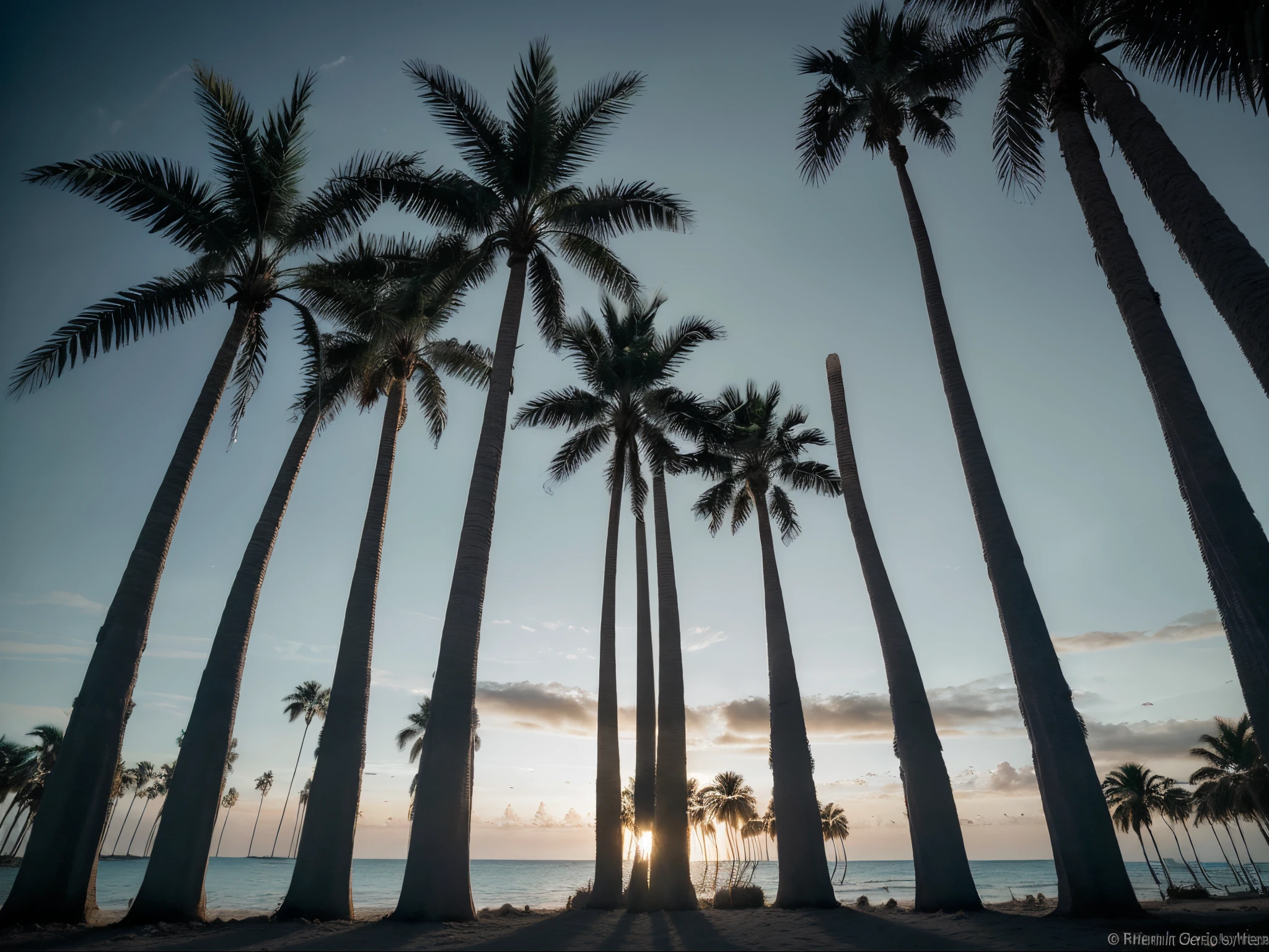 The striking silhouette of palm trees stands boldly against the sky in this breathtaking image. The slender trunks rise triumphantly, their branches reaching towards the heavens. The scene, captured in a vivid photograph, showcases the stark contrast between the darkened palm fronds and the radiant sky. The impeccable quality of the image leaves viewers in awe, as every intricate detail, from the intricate patterns of the palm leaves to the subtle gradations of color in the sky, is flawlessly depicted.