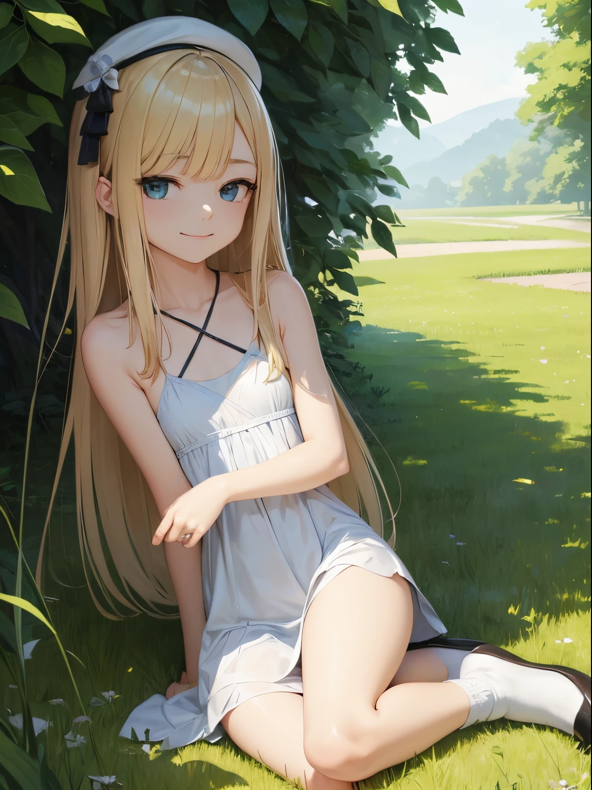 Reines, 1girl, high quality, best quality, illustration, masterpiece, (highly detailed:1.2), (extremely detailed:1.3), flat chest, backless, sleeveless, halter neck top, petite, ****, in a field, innocent smile, looking at viewer, full body, shoes with white socks, thin arms, hat