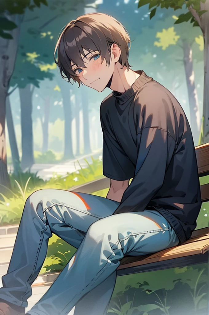 masterpiece, best quality, high quality, 1boy, solo, male focus, looking at viewer, upper body, mugi_awaya, short hair, blue eyes, beautiful eyes, black hair, ,sweater, long jeans, hiking shoes, soft smile, adult man, sit on a wooden bench, tall body, adult body, slightly muscle, legs