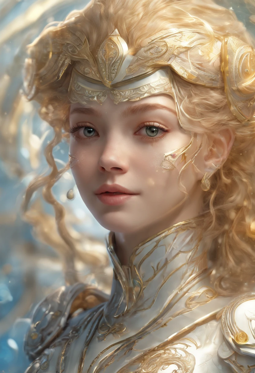 close-up head, facing at the camera, Realistic digital painting portrait of female human being, 3r1nm0r1art72, adorable smile, (curlies:1.1), (Blonde hair:1.3), Magical yellow universe, White magic armor,Intricate details with yellow engraving, (Abstract, Background with:1.2), (light particules:1.1), (Very detailed skin:1.2), (game concept:1.3), (Eldon ring style:1.3), (Mystery style:0.8), (depth of fields:1.3), globalillumination, art work:hoang lap、fuji hoko、artgerm、greg rutkowski and viktoria gavrilenko