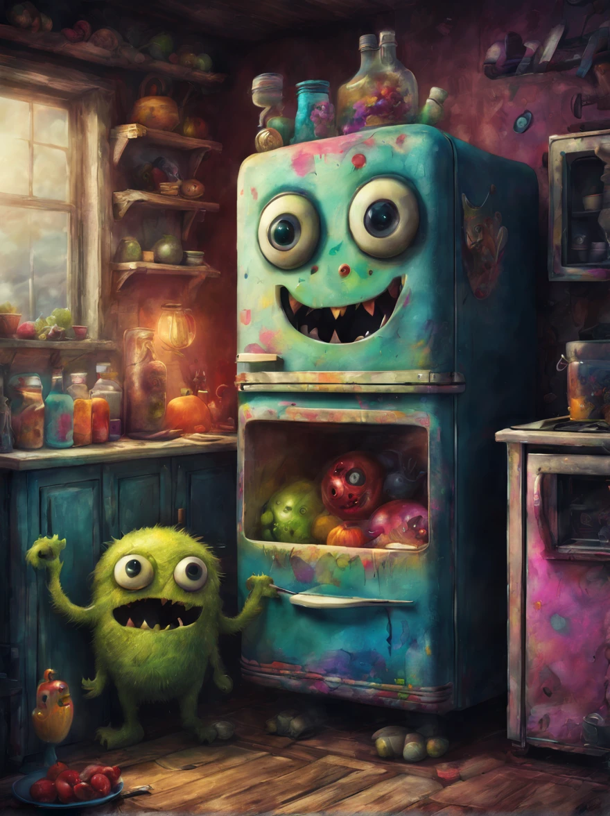colorful refrigerator monster, Artistically rendered, styles:by Alexander Jansson, amazingly beautiful work, Landscape characters and elements fit perfectly within the image frame, Detailed realization, Definition High Quality, expressive faces, Sharp eyes,(Background with:ghost house kitchen),masterpiece,cute monster