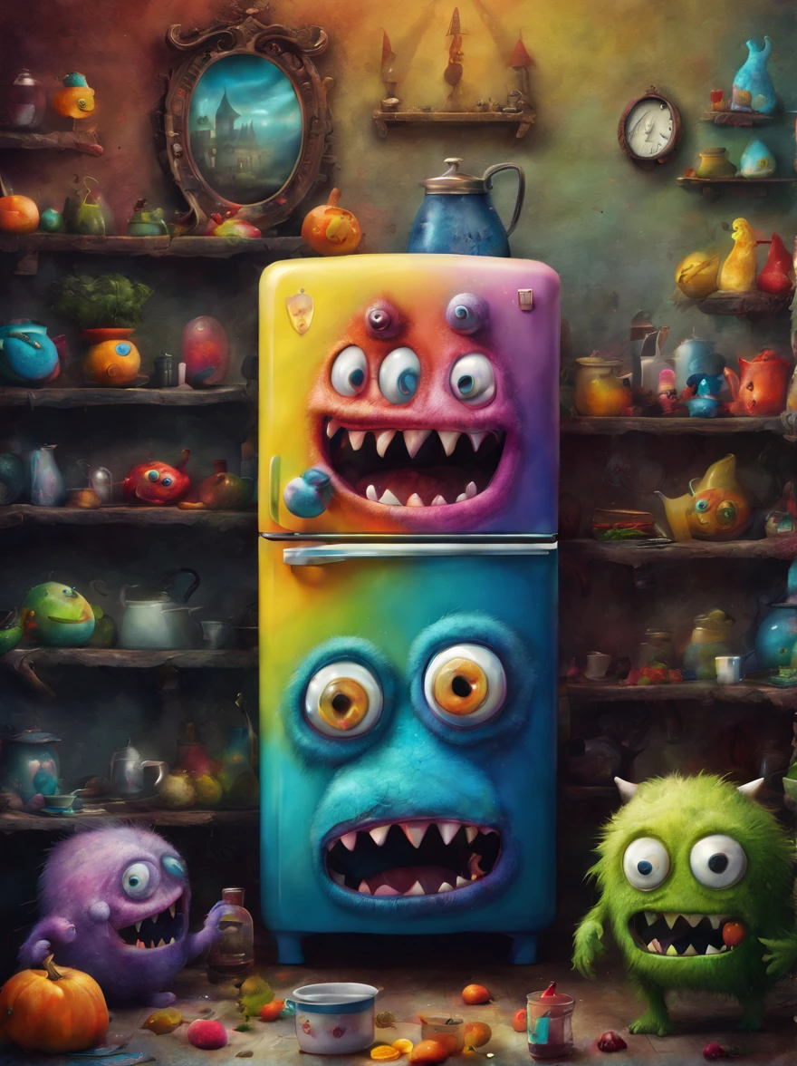 colorful refrigerator monster, Artistically rendered, styles:by Alexander Jansson, amazingly beautiful work, Landscape characters and elements fit perfectly within the image frame, Detailed realization, Definition High Quality, expressive faces, Sharp eyes,(Background with:ghost house kitchen),masterpiece,cute monster