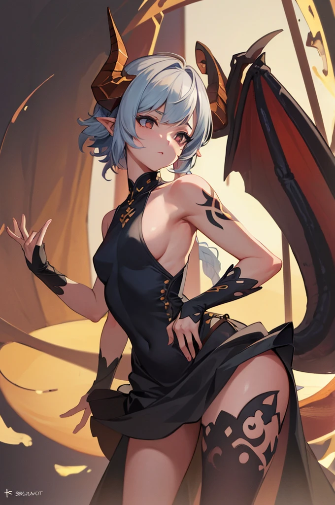 masterpiece, best quality, absurdres, perfect anatomy, standing, 1girl, solo, arm tattoo, bare shoulders, sleeveless, dress, dragon girl, dragon horns, jewelry, tail