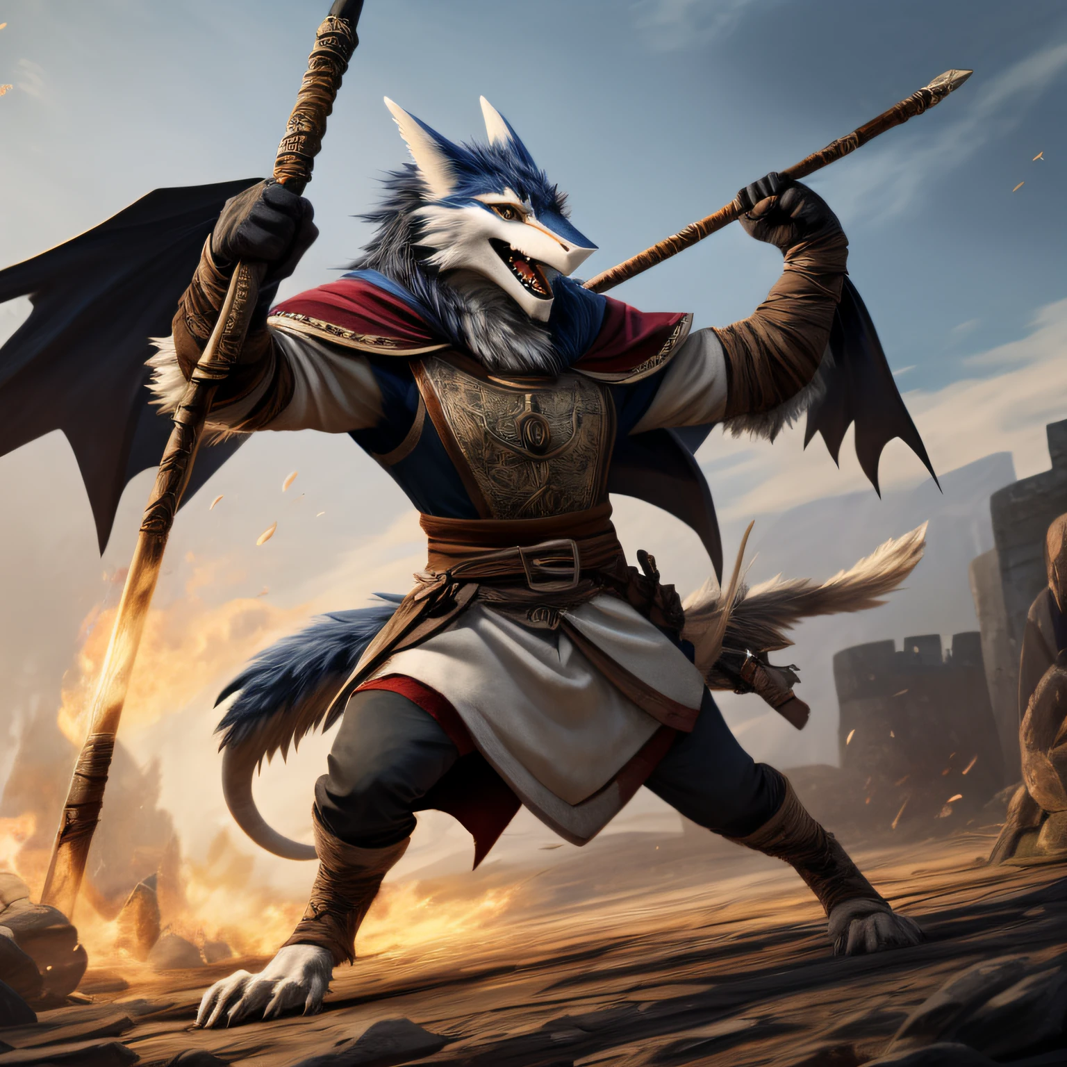 A male sergal character with long white, gray, and sky blue fur, full body image, wearing medieval aristocrat attire, swinging combat staff, menacing expression, fight scene, solo character