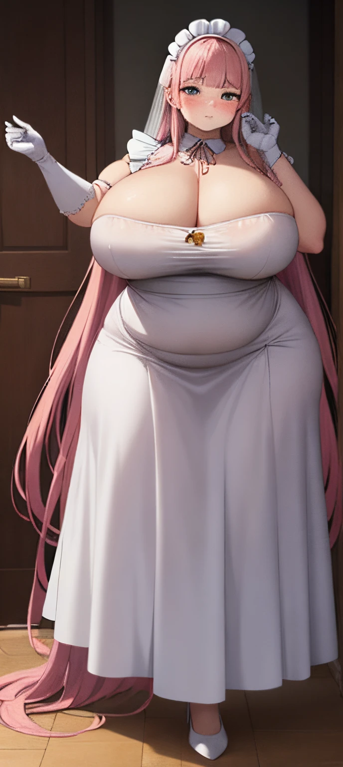 realistic, 1girl, pink hair, very long hair, wear bride veil, straight hair, blunt bangs, (beautiful eyes), blush, ((((white maid dress, fully clothed)))), ((big breast)), maid headband, white hand gloves, high heels, ribbon, night, indoor, staring at viewer, lipstick, closed mouth, bare foot, sfw, very big breast, [big belly], covered belly, thicc girl, standing, fat girl, obese girl, [[smile]]