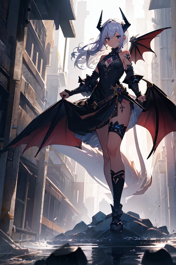 ((best quality,8k, masterpiece))),((highly detailed)),((anatomically correct)),((sharp image)), charismatic, girl wearing dino usual,she and dino girl,wings,black theme, black hair,22 years, full body --auto --s2