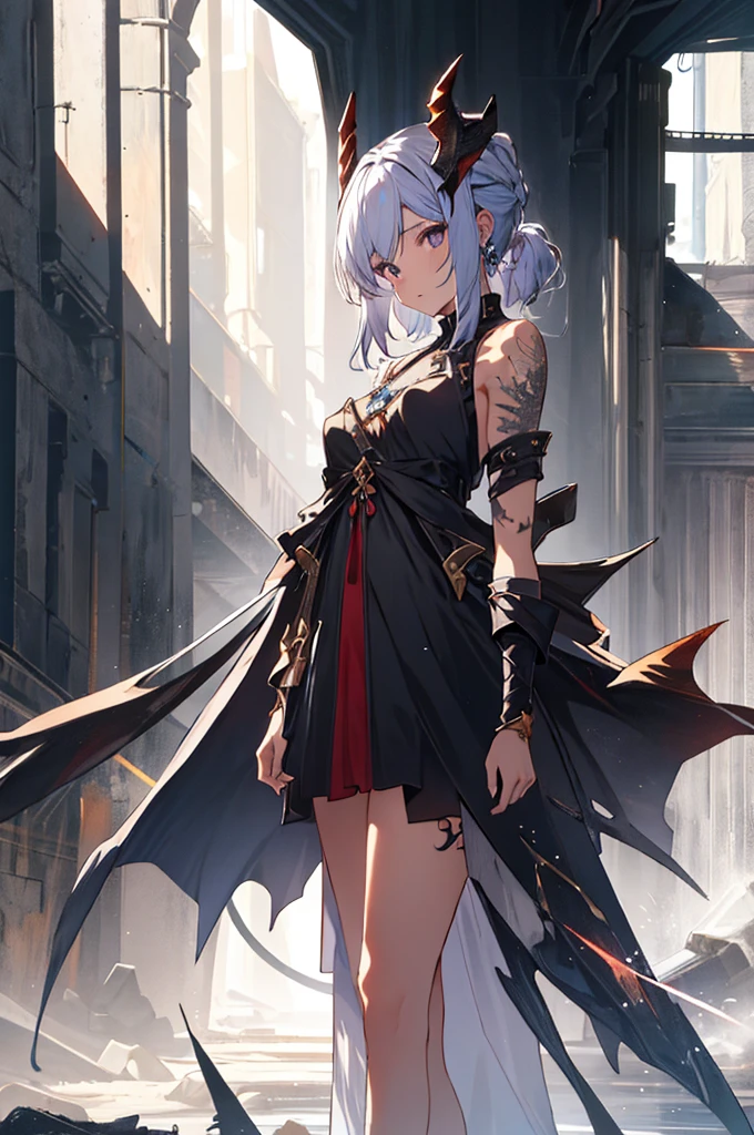masterpiece, best quality, absurdres, perfect anatomy, standing, 1girl, solo, arm tattoo, bare shoulders, sleeveless, dress, dragon girl, dragon horns, jewelry, tail