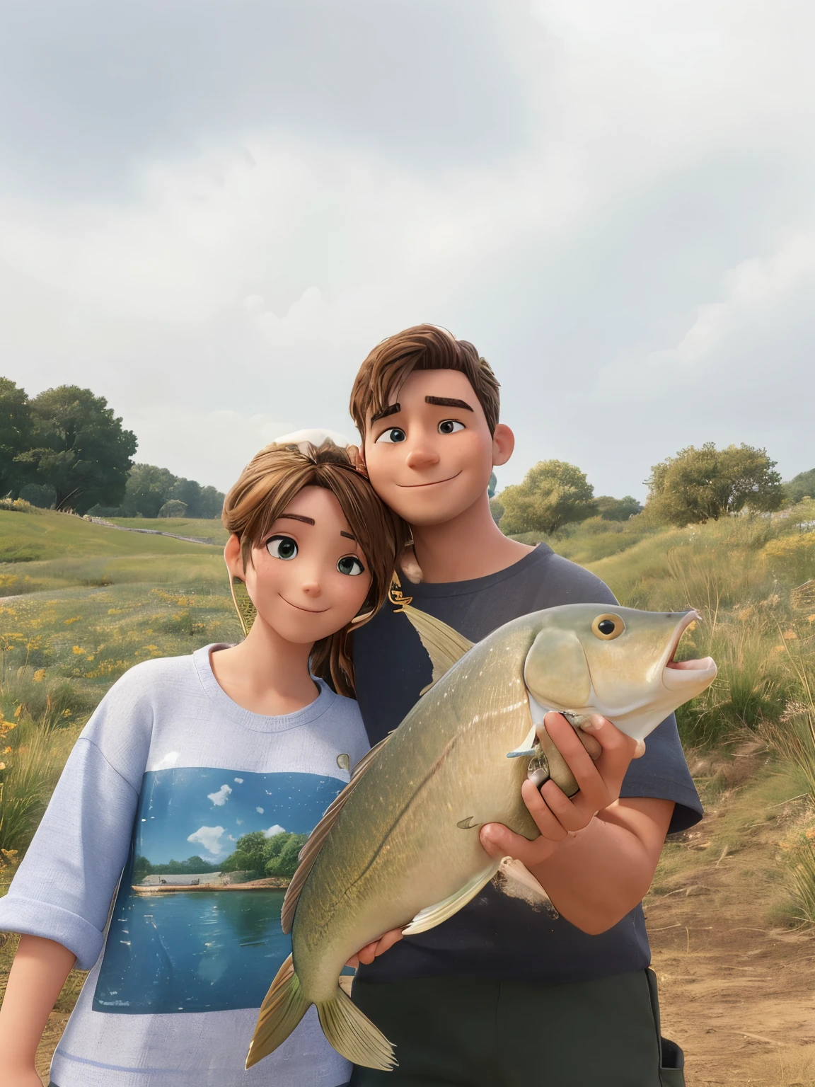 In this image, we see a man and woman standing outdoors in front of a beautiful blue sky. The man is holding up a large fish with both hands, while the woman stands next to him with her arms crossed and a smile on her face. They are both dressed casually, with the man wearing a hat and the woman wearing comfortable clothing. The grass beneath their feet is lush and green, adding to the peaceful outdoor setting.
The couple appears to have just gone fishing together, as they proudly display their catch for the camera. The fish in question is quite large and looks like it could be some type of catfish due to its size and shape. Both individuals seem happy and content in each other's company as they pose for this photo.
Behind them, we can see several trees lining a fence that stretches off into the distance. This adds depth to the image and gives us an idea of where they might be located - perhaps near a lake or river where they were able to go fishing.
The faces feature also tells us that the man is 23 years old while his companion is 33 years old. We can also determine from their gender labels that he identifies as male while she identifies as female.
Overall, this image captures a lovely moment between two people enjoying nature together through fishing. Their smiles convey happiness and relaxation in each other's presence amidst stunning scenery on what seems like a perfect day for such an activity