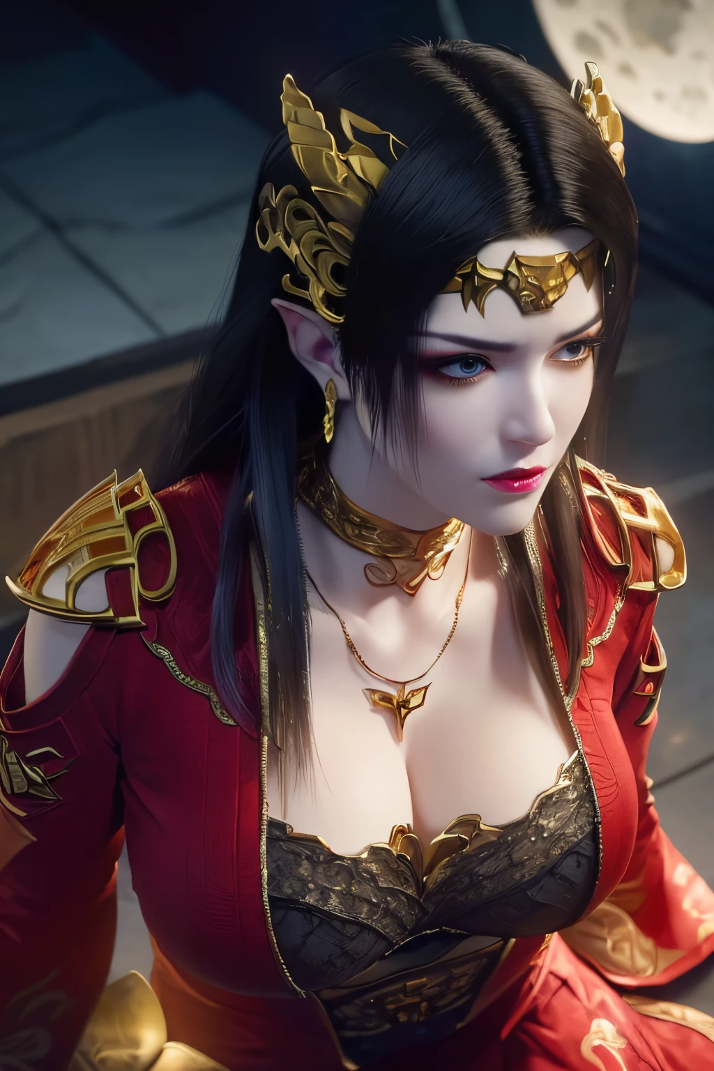 1 extremely beautiful queen, ((wearing traditional red hanfu with thin black patterns:1.6)), (((Patterns on clothes:1.6))), ((long black hair:1.6 )), elaborately crafted jewelry from precious stones and beautiful hair, (((wearing a 24k gold lace necklace:1.4))), noble, noble style of an extremely beautiful girl, very pretty face, thin eyebrows, flawless beautiful face, ((black eye pupils: 0.8)), very beautiful eyes, ((platinum blue eyes: 1 ,6)), (((wide eyes: 1,6))), beautiful makeup and detailed hairdo, eyelashes, steamy eye makeup, high nose, earrings, red lips, ((closed mouth : 1.5)) beautiful lips, slim arms, most beautiful thighs, ((arms behind and spread out to the sides: 1.5)), ((bent sitting position with chest out toward the audience and arms behind :1.6)), rosy face, clean face, flawless beautiful face, smooth white skin, (( super big and round firm breasts: 1.8)), firm breasts, beautiful cleavage, beautiful breasts , perfect body, back arms, open chest, black sheer fishnet stockings with black lace trim, 8k photo, super high quality, super realistic, super 10 x pixel, optical, bright studio, bright edges, lighting two-tone, (high detail skin: 1.2), ultra 8k, soft light, high quality, volumetric light, optical, optical high resolution, light, best shot, quality 4k, 8k, blur effect, smooth sharpness, 10 x pixels, ((sea and moonlight in night background: 1.5)), aurora, lightning, hyper-realistic graphics, most realistic graphics, 1 girl, alone, solo, Extremely sharp, surreal image, (((frontal portrait: 1)))."